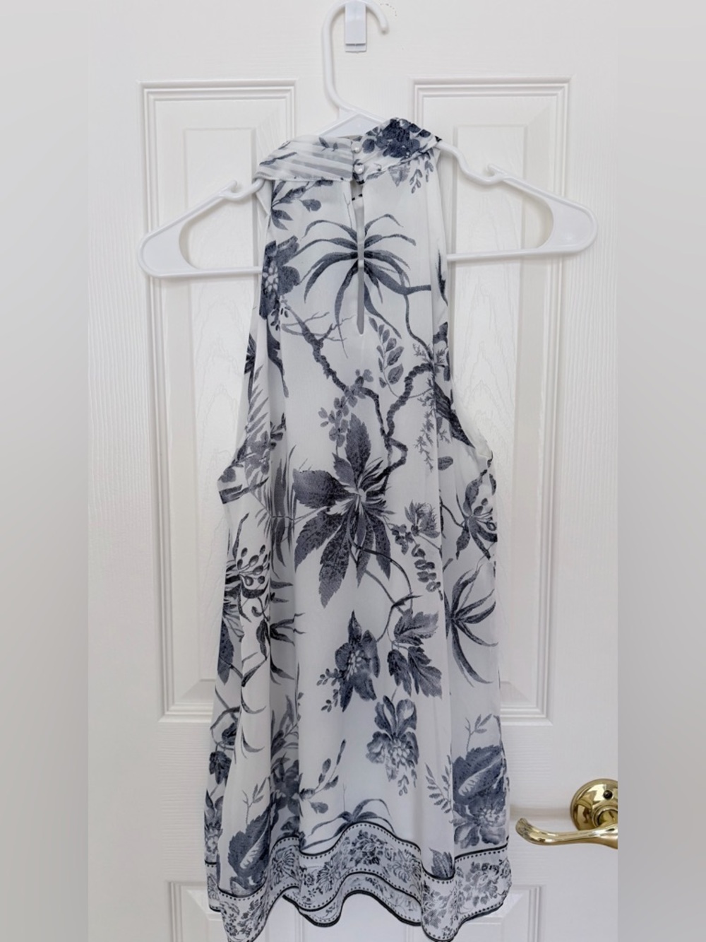 Tahari Sleeveless Floral Sheer Halter Top in White & Blue - Picture 3 of 6